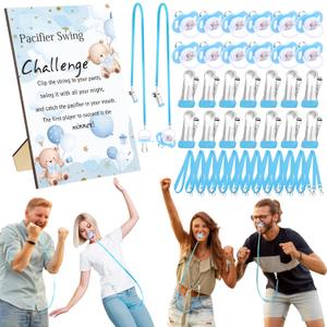 Geelin 12 Sets Swing Pacifier Baby Shower Games Funny Gender Reveal Games, Include 1 Wooden Sign and 12 Plastic Pacifiers for Bridal Baby Shower Gender Reveal Party Women Men (Bear,Blue)