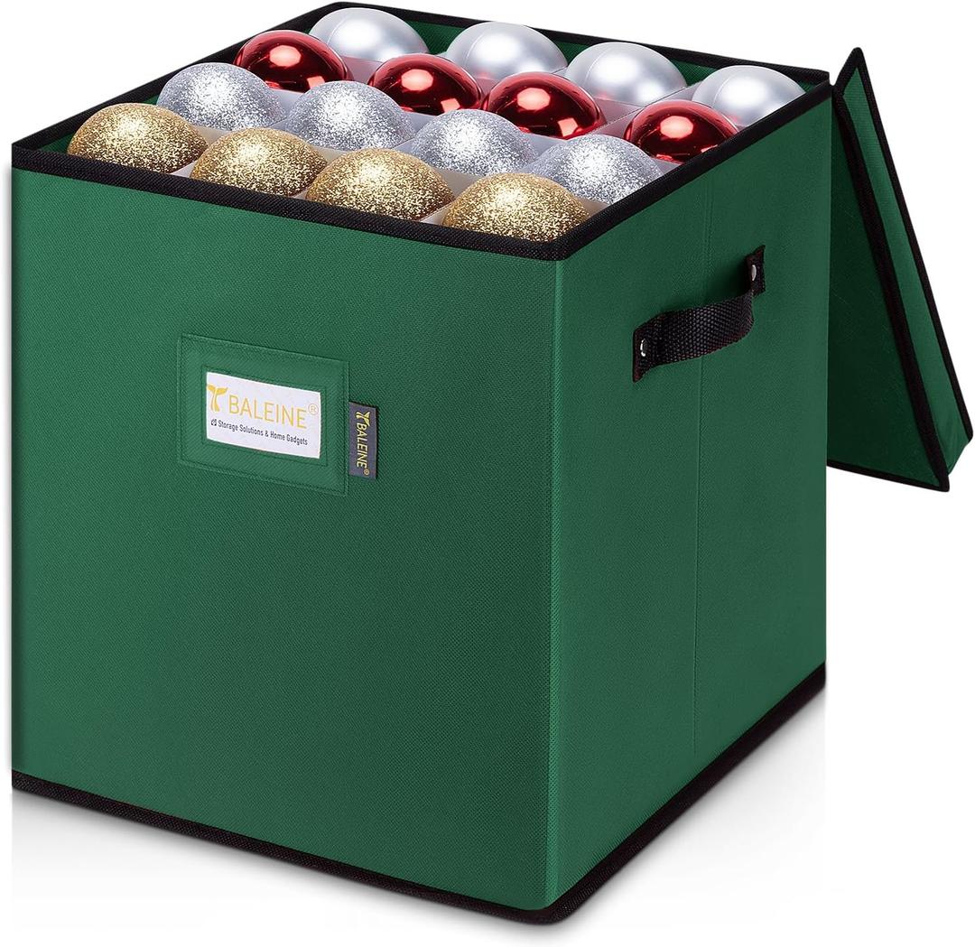 BALEINE Christmas Ornament Storage Box with Dividers, Premium Holiday Ornaments Storage Container Bin for Xmas Decorations (64 Ball, Green, Without Tray)