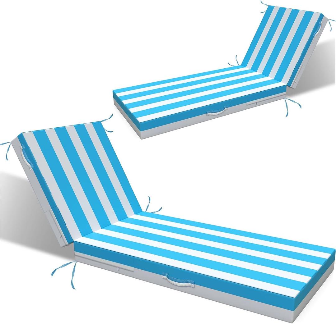 L'AGRATY Outdoor Lounge Chaise Cushion: 72x21x3 Inch Waterproof Lounge Chair Cushion for Outdoor Furniture with Fade Resistant Removable Cover - Patio Cushions for Pool Lawn Deck(Blue White 2Pcs)