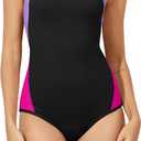 Beautikini Period Swimwear One Piece Leakproof Menstrual Swimsuit Racerback Color Block Bathing Suit for Teen Girls Women (Medium, Black Purple)
