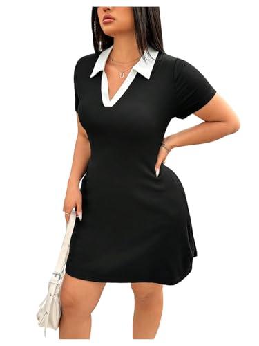 Floerns Women's Plus Size Casual Short Sleeve Mini Dress Notched Neck A Line Dresses, Black, 3X-Large