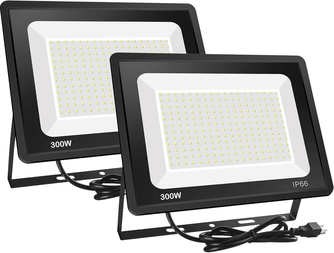 2 Pack 300W LED Flood Light Outdoor (1600W Equivalent), 36000LM Ultra Bright Security Lights, IP66 Waterproof Exterior Plug in Floodlight, 6000K Daylight White for Lawn Yard Garden Stadium