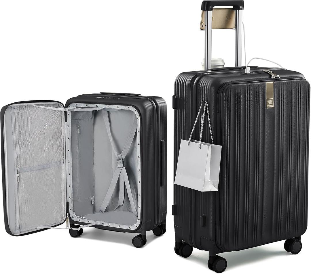 Hanke Top Opening 24" Medium Suitcase Expandable Hard Shell Jet Black, 24 Inch EXT