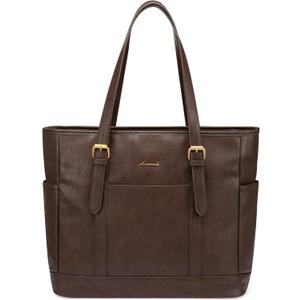 LOVEVOOK Laptop Tote Bag for Women,Vintage Leather Work Tote Bag for Women, 15.6 Inch Computer Briefcase Bag,Waterproof Teacher Business Office (Dark Brown)