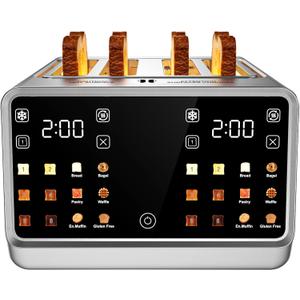 Smart Toaster 4 Slice - Dual Digital TouchScreen & Independent Control for Family | Stainless Steel Extra-Wide Slots for Bagels | 6 Toast Types & Shade Settings | Defrost Reheat & Single-Slice Modes