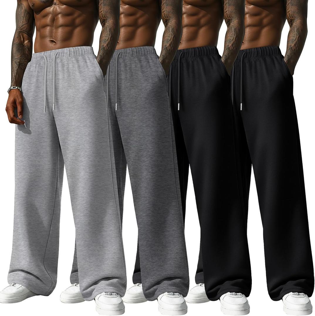 Neer 4 Pack Men's Sweatpants Athletic Wide Leg Drawstring Open Bottom Pants Lightweight Baggy Joggers Lounge with Pockets (Medium, Light Gray, Dark Gray, Black, Black)