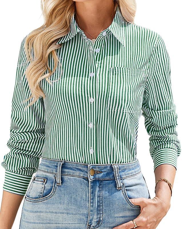 IBAOTORONI Women’s Striped Button Down Shirt Cotton Long Sleeve Collared Casual Work Stripe Blouse Tops with Pocket (L)