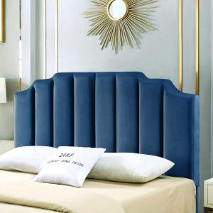 24KF Navy Blue Velvet Tufted Queen Upholstered Headboard, Modern Vertical Channel Design California Queen/Full Headboard with Stepped Silhouette Top Edge, Navy Blue