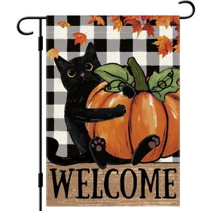 DLZDN Welcome Fall Cat Garden Flag Black Cat Pumpkins Flag 1218 Inch Double Side Buffalo Plaid Farmhouse Yard Sign Autumn Seasonal Outdoor House Decoration