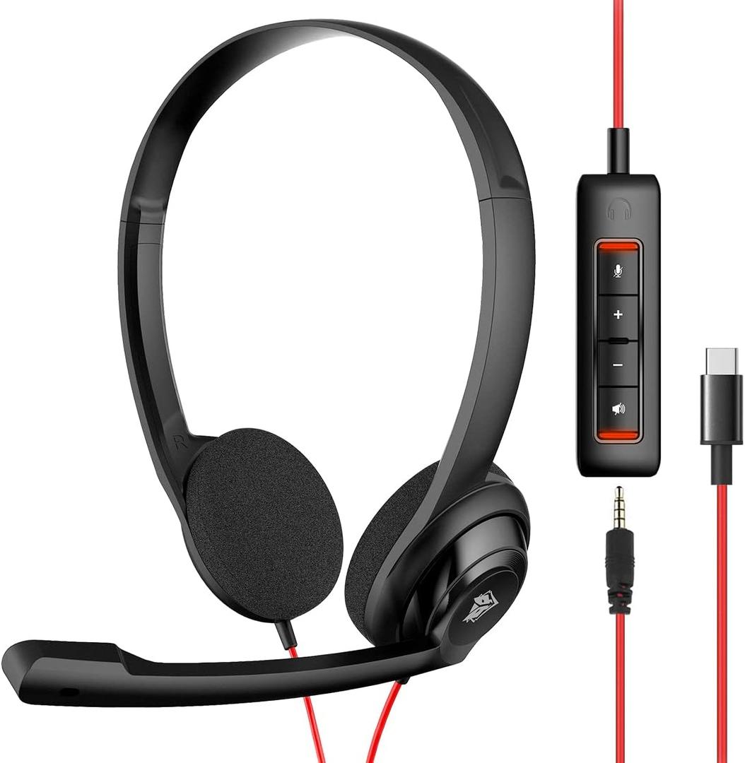NUBWO HW02 USB Wired Office Headset with Mic, USB C/3.5mm Jack, Noise Cancelling, in-Line Control, Comfortable Call Center Computer Headset for PC, Laptop, Mac