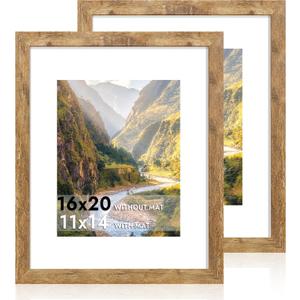 iRahmen 16x20 Picture Frame Set of 2 with Plexiglass, Display Pictures 11x14 with Mat or 16 x 20 Without Mat, Rustic Brown Wood Poster Frame for Photo Wall Gallery Mounting