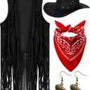 Xtinmee 4 Pcs Western Cowgirl Cowboy Outfits Set Women Tassel Vest Hat Dangle Drop Earring Paisley Bandana Dress up (Medium, Black)