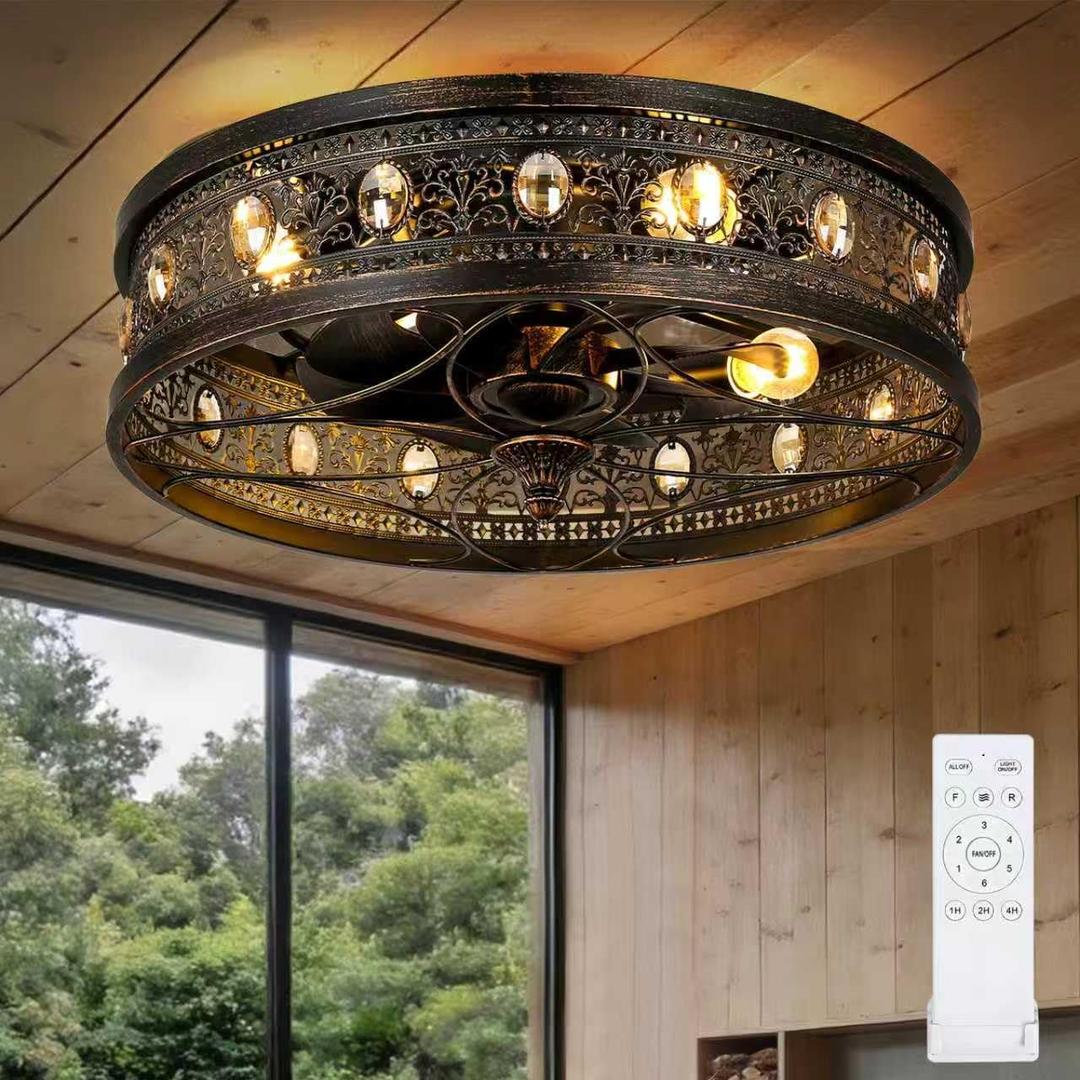 Fandelier Ceiling Fan with Light, Vintage Victorian Rustic Crystal Fandelier, Caged Enclosed Bladeless Chandelier Fan, Low Profile Flush Mount for Bedroom, Kitchen, Living Room, Dining Room, 20 Inch