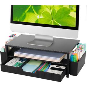 Desk Organizer and Accessories, 2-Tier Computer Monitor Stand Rise with Storage Drawer & 2 Pen Holders, Laptop & Printer Stand for Desktop, Workspace Organizers for Office Supplies (Black)