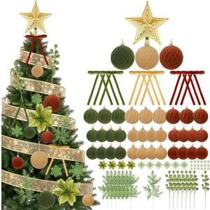 Syhood 100 Pcs Velvet Christmas Tree Decorations Set, 36 Velvet Flocked Ornament Ball, 24 Snowflakes, 18 Bows, 1 Star Tree Topper, 4 Poinsettia, 8 Glitter Berries Stems 1 Ribbon for Xmas Decor
