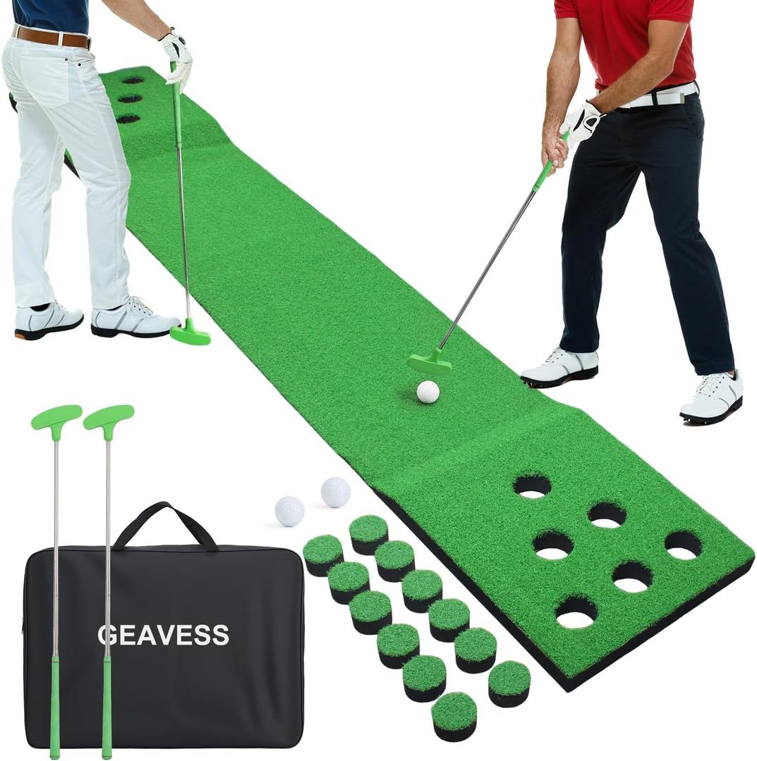 Golf Putting Game Set, Portable Green Mat with 2 Putter, 2 Ball, Cups, Bag, 100“x17"