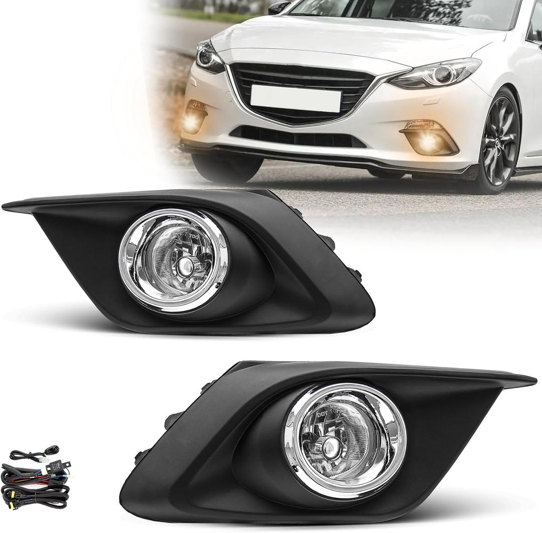 Fog Lights Assembly For 2014 2015 2016 Mazda 3 Fog Lamps Replacement Kit with Switch&Wiring H11 12V 55W Halogen Bulbs Clear Lens