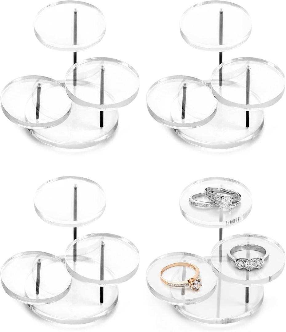 QWORK Round Acrylic Products Display Riser Stands, 3 Tier Jewelry Display Stands for Rings Earrings,Mini Figurines, Clear, 4 Pack