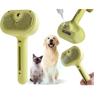 4 x Cat/Dog Grooming Brush with Steamer - Deshedding Brush for Pet Hair, Bath Brush with Water Spray and Hair Comb (Yellow)