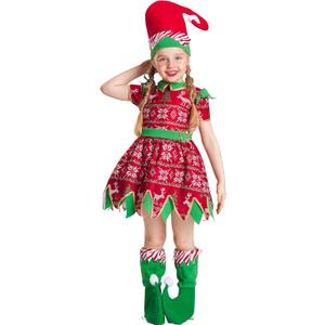 IKALI Girls Holiday Elf Costume, Kids Santa's Helper Costume Christmas Elf Outfit Santa Dress with Hat & Boot Covers 7-8 Years