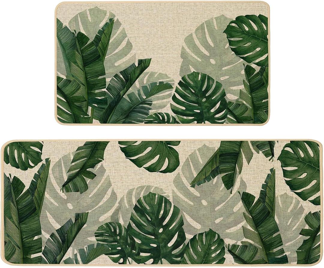 Baccessor Monstera Spring Kitchen Mats Set of 2, Banana Green Leaf Kitchen Rugs Low-Profile Non-Slip Absorbent Floor Mat 17x29 and 17x47 Inch Home Seasonal Decoration