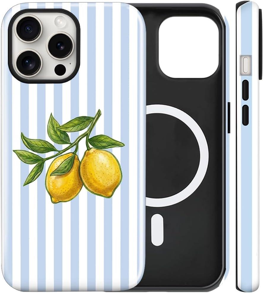 Magnetic for iPhone 16 Pro Case Cute Lemon Stripes Phone Case, Shockproof Slim TPU and Hard PC Protective Phone Cover Compatible with MagSafe Designed for Women Girls, Blue
