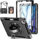 Case for iPad Air 11 M3 2025 & M2 2024: Cover for iPad Air 5th & 4th Generation 10.9 Inch (2020/2022) with Screen Protector- Stand- Handle- Shoulder Strap- Pencil Holder-Black