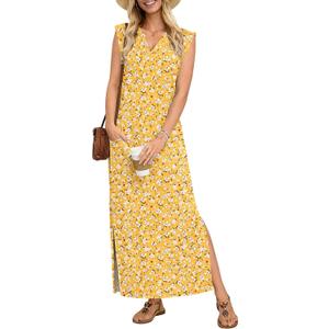 AUSELILY Women's V Neck Maxi Dresses, Straight-Cut Wrinkle-Free, Loose Split Sleeveless Vacation Dress with Pockets 2026