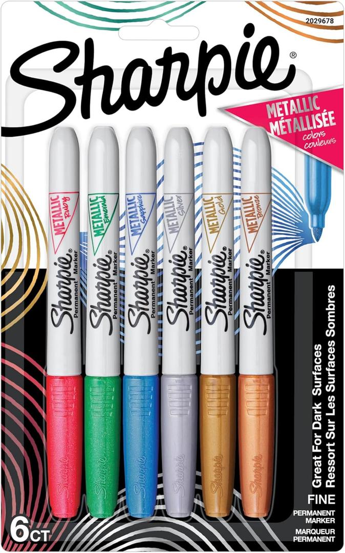 Sharpie Metallics Permanent Markers, Fine Tip, Assorted Colors, 6 Pack