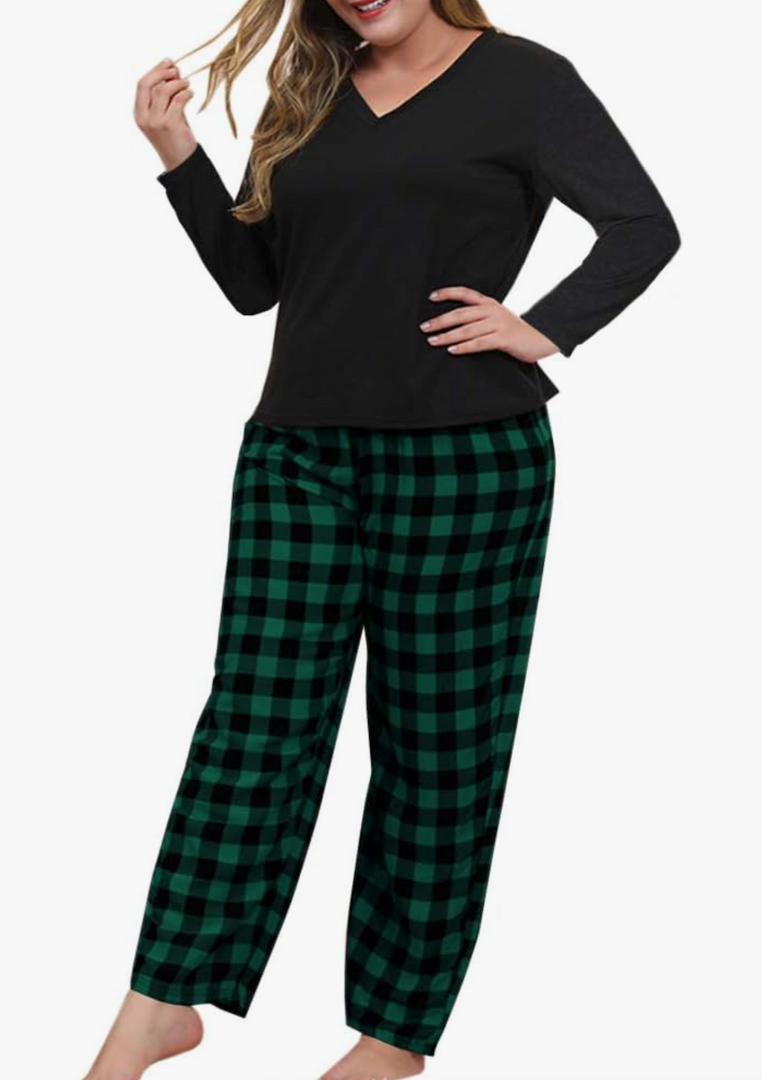 Women Plus Size Pajamas Set Plaid Lounge Pants V-Neck Short Sleeve Cotton T Shirt 2 Piece Sleepwear, Size:XXL