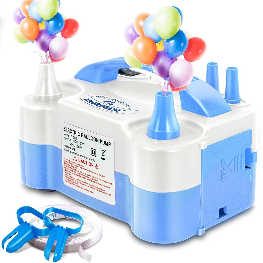 Anordsem Electric Balloon Air Pump: Polypropylene Plastic Case with Dual Nozzle - Quick Inflating for All Balloons at Home - Blower Machine Knotter/Ribbon for Parents Party DIY Decoration