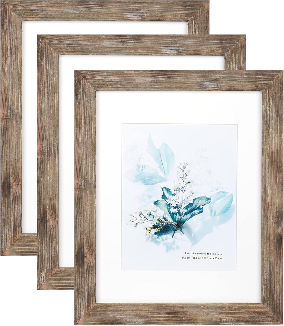 KAIWIN 100% Solid Wood Brown 11x14 Picture Frame 3 Pack Display Picture 8x10 with Mat, Rustic Wooden Photo Frames for Wall Mounting