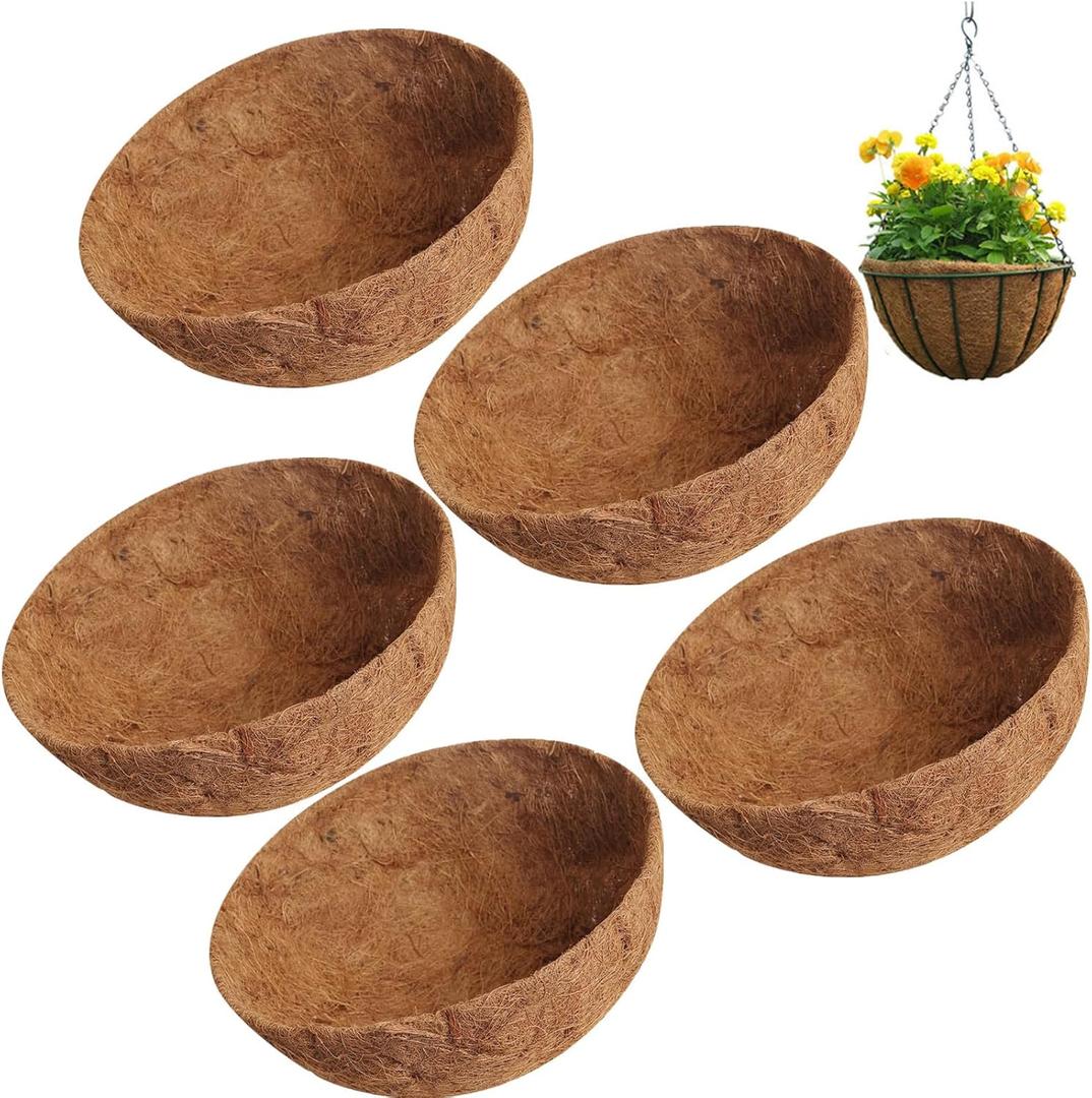 ASkinds 5Pack Round Coco Liners for Hanging Basket, 12" Hanging Basket Coco Liners Replacement, Fiber Planter Basket Liners for Hanging Basket Flowers Vegetables