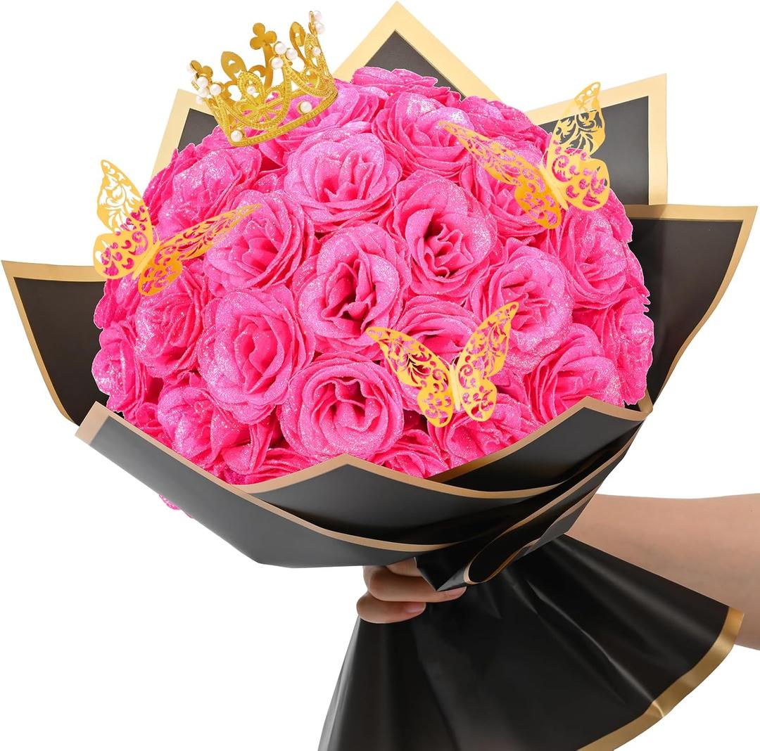 Waipfaru Glitter Roses Bouquet, DIY Fake Flowers Bouquet, Hot Pink Artificial Flower, Valentine's, Anniversary, Engagement, Wedding, 36 Pcs