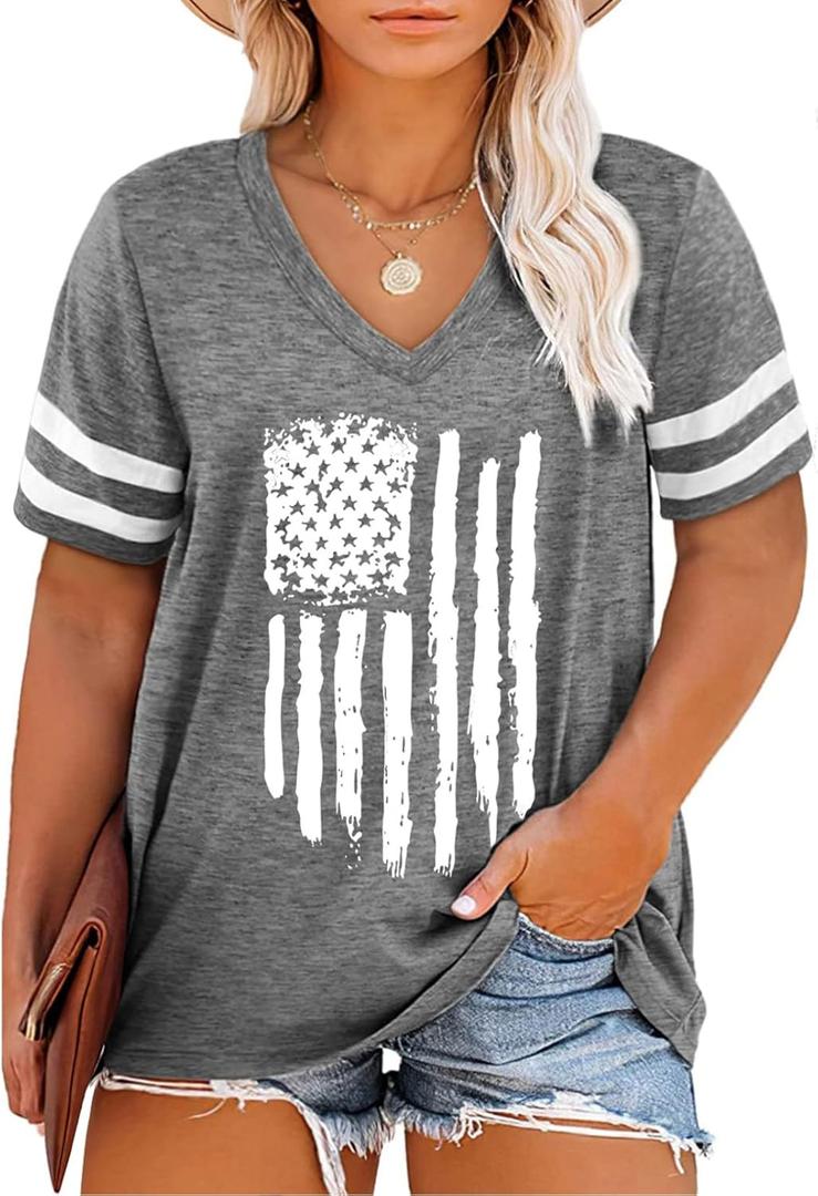 Happy Sailed Womens Plus Size Tunic Tops Summer Short Sleeve V Neck Striped Loose Casual Tee Shirt (Size 4X, Gray)