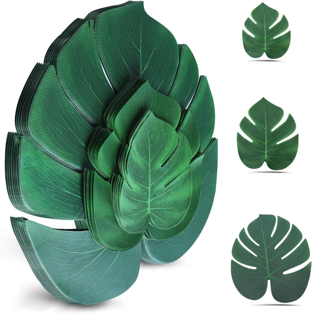 100Pcs Palm Leaves Artificial Tropical Monstera Plant Fake Leaves Safari Birthday Decorations,Jungle Theme Party Supplies,Faux Green Leaf for Hawaiian Luau Tiki Aloha Beach BBQ Table Decoration 3 Size