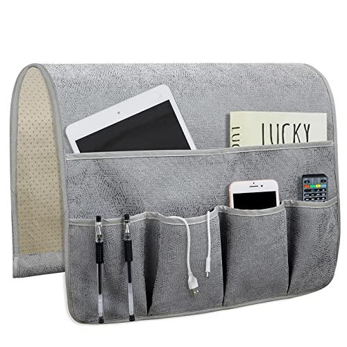 NB Sofa Armrest Organize Remote Holder Bedside Caddy Organizer With 5 Pockets，Non-Slip Couch Remote Control Holder Couch Armchair Caddy Accessories (Gray, 35''X18'')