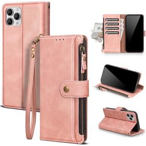 Compatible with iPhone 12 Pro Wallet Case with Card Holder RFID Blocking Zipper Poket PU Leather Flip Phone Case with Wrist Strap Credit Card Slots Men Women,for Apple 12 6.1",Rose Pink