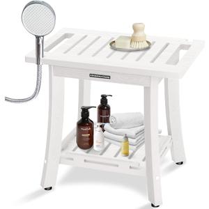 KingPavonini HDPS Shower Benches for Inside Shower to Sit on, Waterproof Shower Stool for Shaving Legs, 400LBS Shower Seat with Storage Shelf, Shower Chair for Inside Shower (Medium, White)
