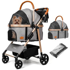 Dog Cat Stroller for Small/Medium Pets up to 50 lbs, 3-in-1 Foldable Pet Stroller with Detachable Carrier, Car Seat, Storage Basket, Cup Holder, Hanging Bag, Rain Cover, All-Terrain 4 Wheels (Grey)