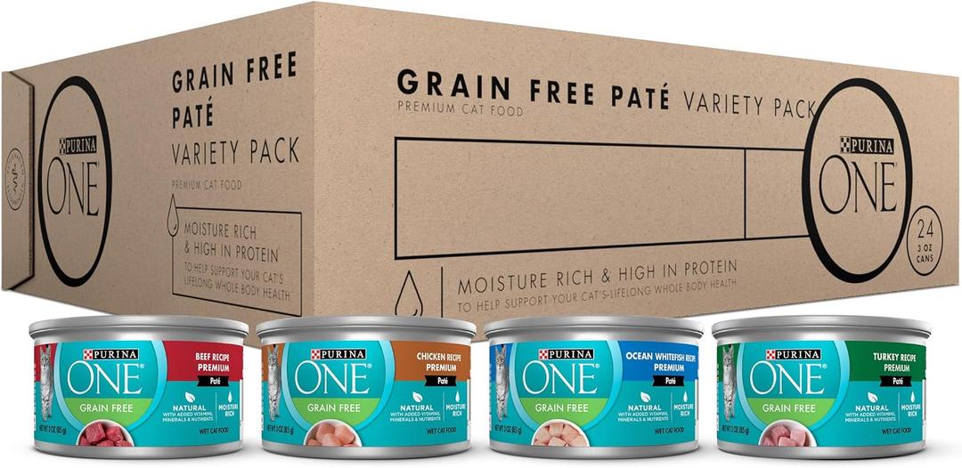 2 x Purina ONE High Protein, Grain Free Pate Wet Cat Food Variety Pack, Grain Free Formula - (Pack of 24) 3 oz. Cans (EXP 03/01/28)
