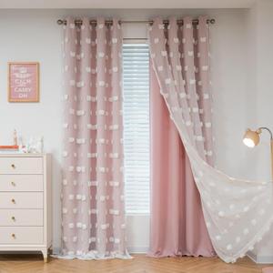 MYSKY HOME Pink Curtains for Girls Bedroom 84 Inches Long Blackout Nursery Curtains Double Layer Pom Pom Sheer Overlay Kids Toddler Room Decor Grommet Privacy Room Darkening Window Drapes 52 x 84 Inch