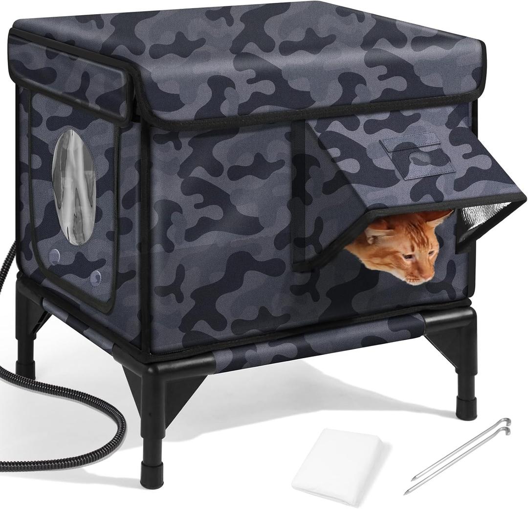 Heated Cat House for Outside,Dual Camera Mounts,100% Weatherproof & Extremely Insulated,Elevated Feral Cat Shelter with Escape Door,Waterproof Eaves for Outdoor Stray Barn Cat(Dark Grey,S)
