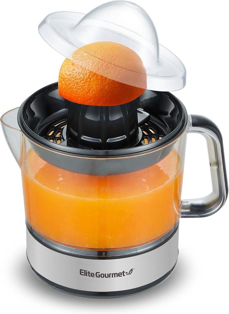 Elite Gourmet ETS623 BPA-Free Electric Citrus Juicer, Compact, Large Volume, Pulp Control, Oranges, Lemons, Limes, Grapefruits with Easy Pour Spout, 24oz, Black/Stainless Steel
