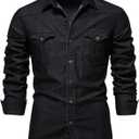 Kissonic Men's Denim Shirt Long Sleeve Button Down Shirt Lapel Jean Shirt Worn Washed Denim Shirts with Chest Pockets (X-Large, Black)
