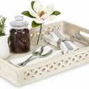 Mela Artisans Whitewash Wooden Decorative Tray with Handles | 16x12x2.5 Mango Wood Ottoman Tray | for Kitchen Countertop | Coffee Table | Snacks | Desserts | Breads | Bedroom Decor