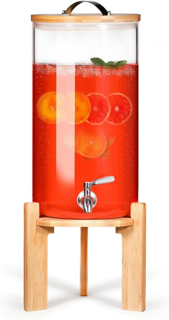 Glass Beverage Dispenser with Bamboo Stand 6.7 In and Lid, Iced 2.9 Gallon Drink Server with Spigot, Large Thick Glass Drink Dispenser for Parties, Hotels, Restaurants, Homes