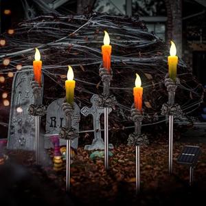 Halloween Decorations Outdoor, 5 Pack Solar Pathway Lights, LED Skull Black Hand Candle Holder, Outdoor Party Home Garden Porch Decor Orange & Green Lights