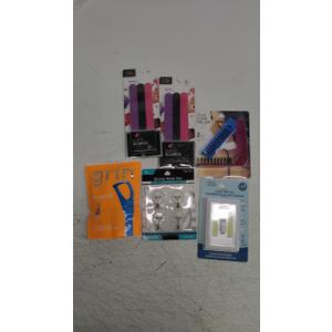 Woman's Beauty and Hygiene Kit, 12 Count of Dip and Dab 7Inch Emery Boards, Two Pcs set of Travel Sized Comb and Brush, Key and Castle Cordless Adhesive Light Switch, 4 Count Sticky hooks and 21 Pack Grin Tounge Cleaners.