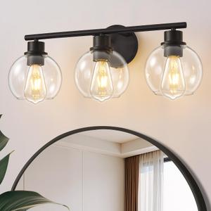 Bathroom Light Fixtures Over Mirror 3-Lights Bathroom Vanity Light with Clear Globe Glass Shade 22 inch Modern Black Vanity Lights Wall Sconce Lighting for Bath